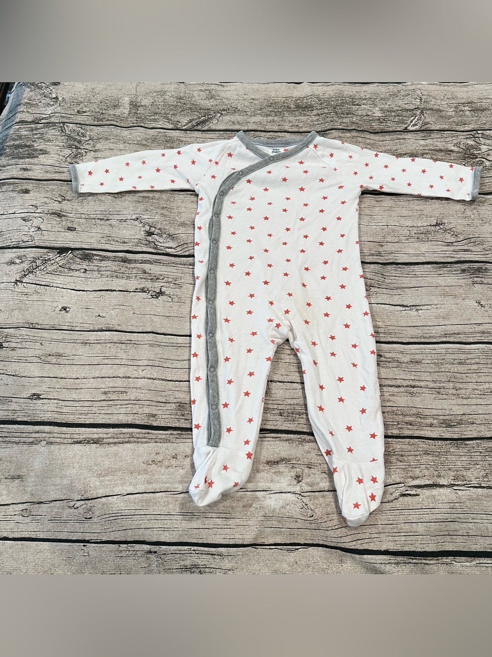 Mini Boden White Footed One-Piece with Red Star Print and Gray Trim Unisex 6-9